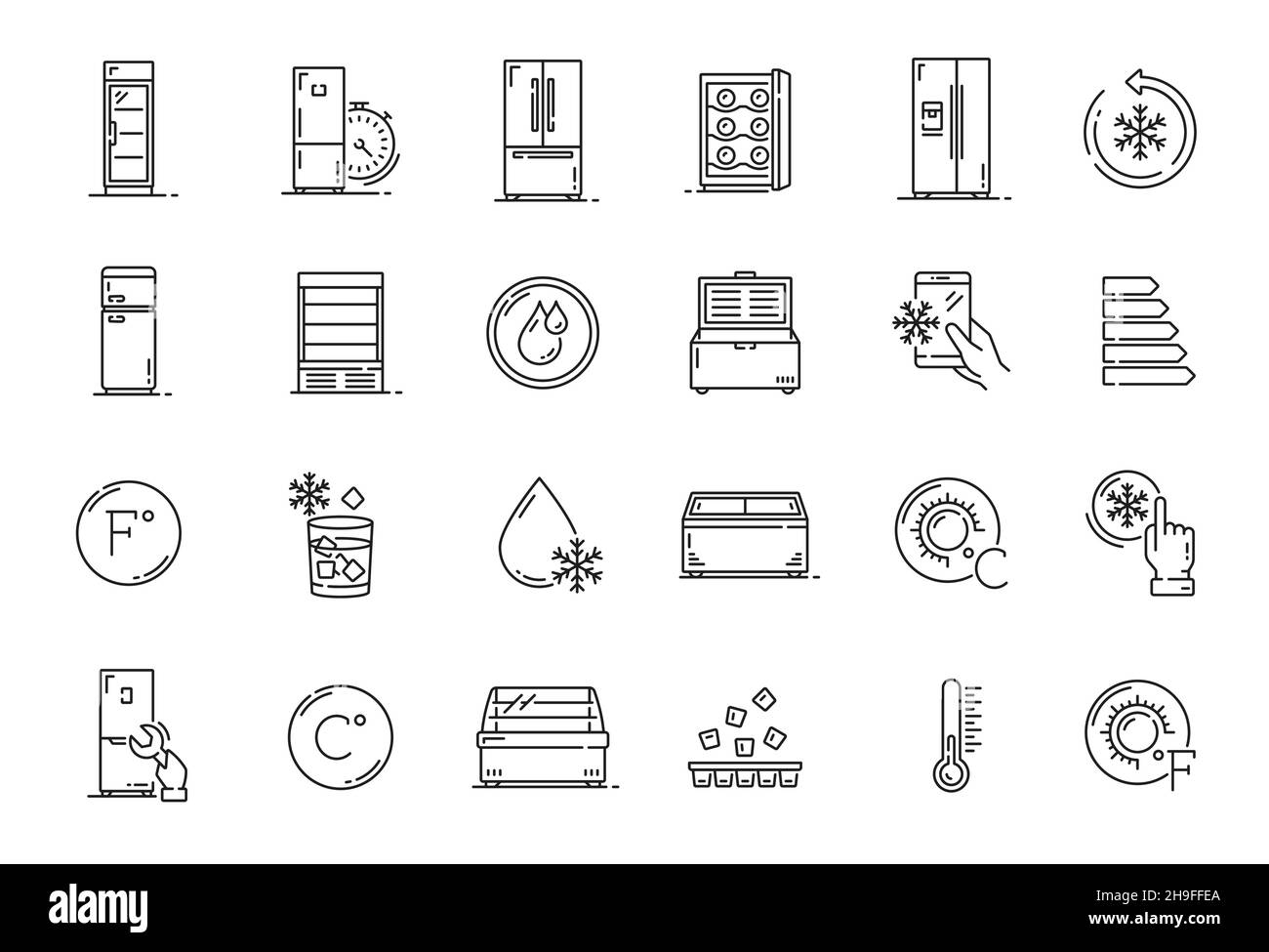 Fridge and freezer outline icons, food storage vector symbols. Ice ...