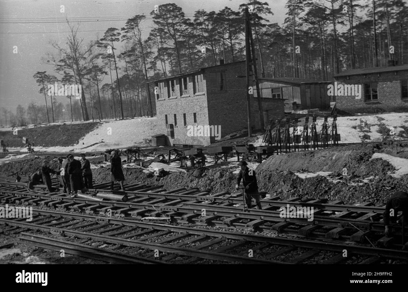 Polska, 1948-02. Polskie Koleje Pañstwowe. Uk³adanie torów kolejowych pod Katowicami.  uu  PAP    Dok³adny dzieñ wydarzenia nieustalony.    Poland, Feb. 1948. Polish State Railways. Rail track laying near Katowice.   uu  PAP Stock Photo