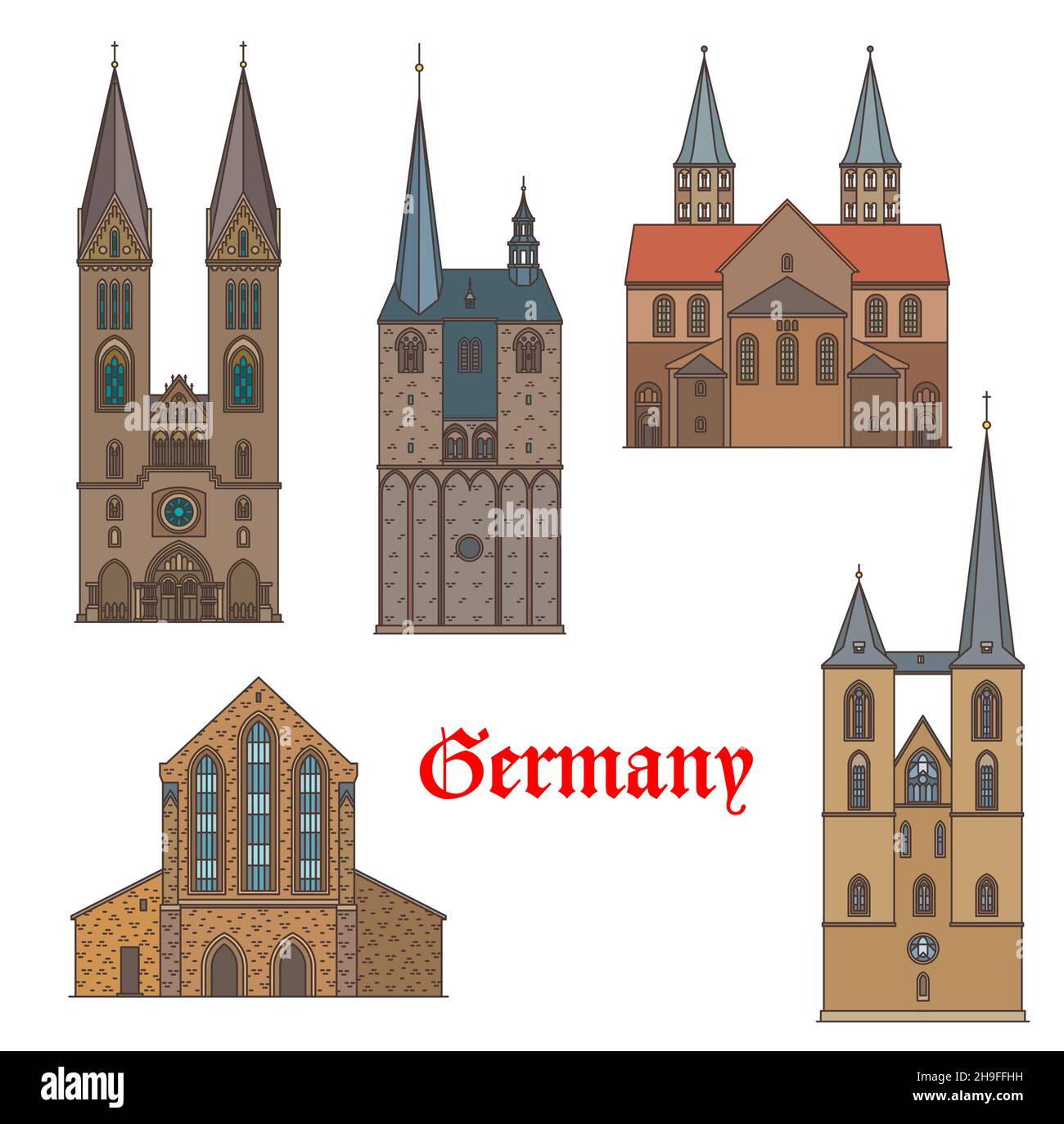 Germany architecture buildings, cathedrals and churches of Quedlinburg, vector. German travel landmarks Sankt Benedikt, Stephanus and Martin cathedral Stock Vector