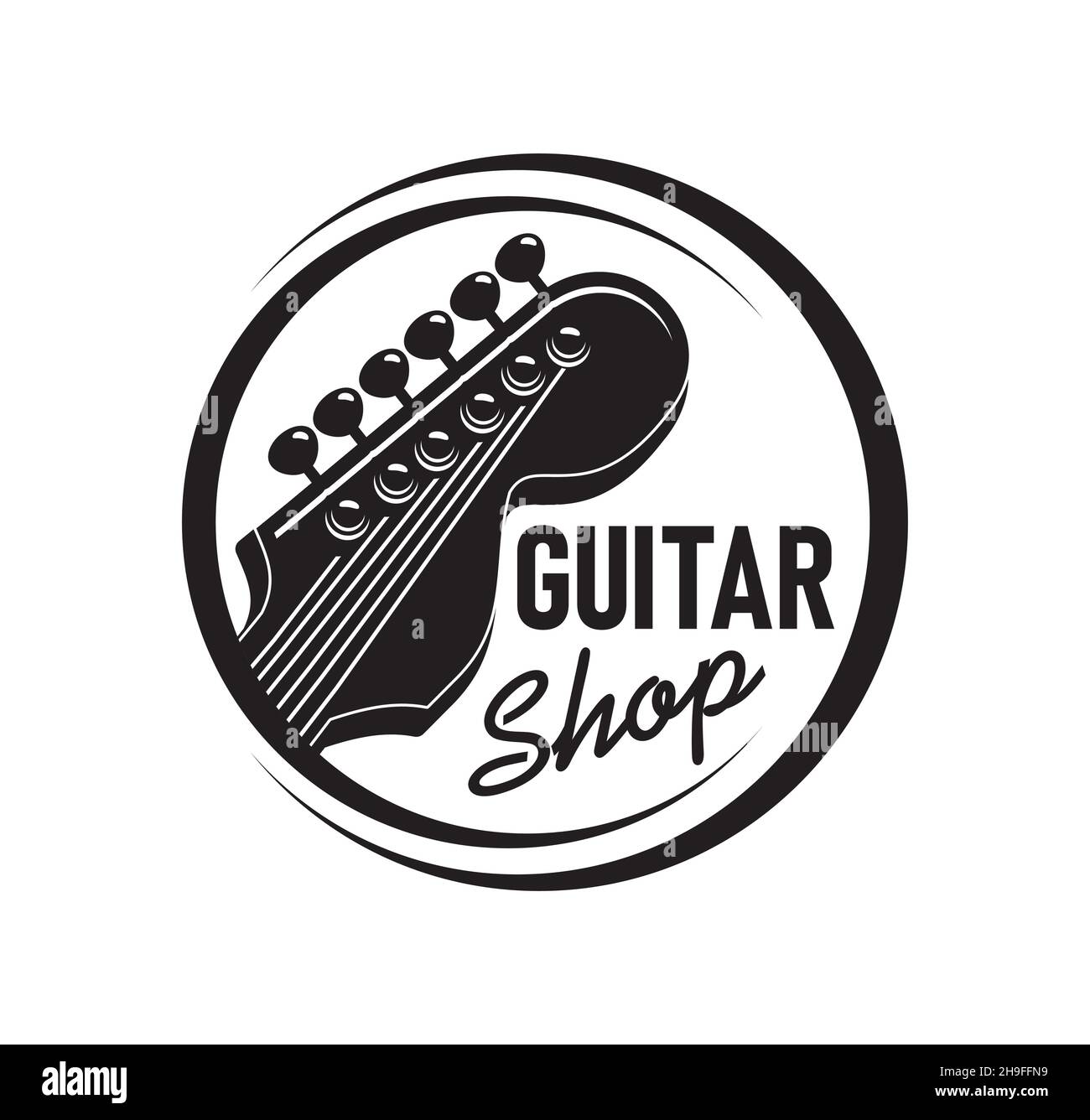 Guitar shop icon, acoustic musical guitar retro vector sign. Musician instruments store with rock or pop band and concert guitars as bass or telecaste Stock Vector