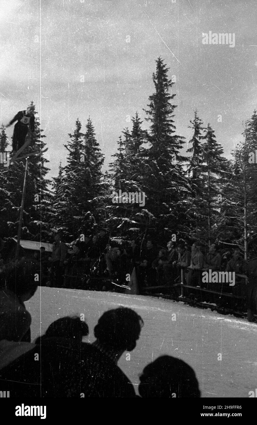 Karpacz, 1948-02. W dniach 19-20 lutego odby³y siê XXIII Narciarskie Mistrzostwa Polski. Nz. skoczek nad bul¹ po wybiciu siê z progu skoczni. bk  PAP      Karpacz, Feb. 1948. The 23rd Poland's Skiing Championship was held on February 19-20. Pictured: a ski jumper.  bk  PAP Stock Photo