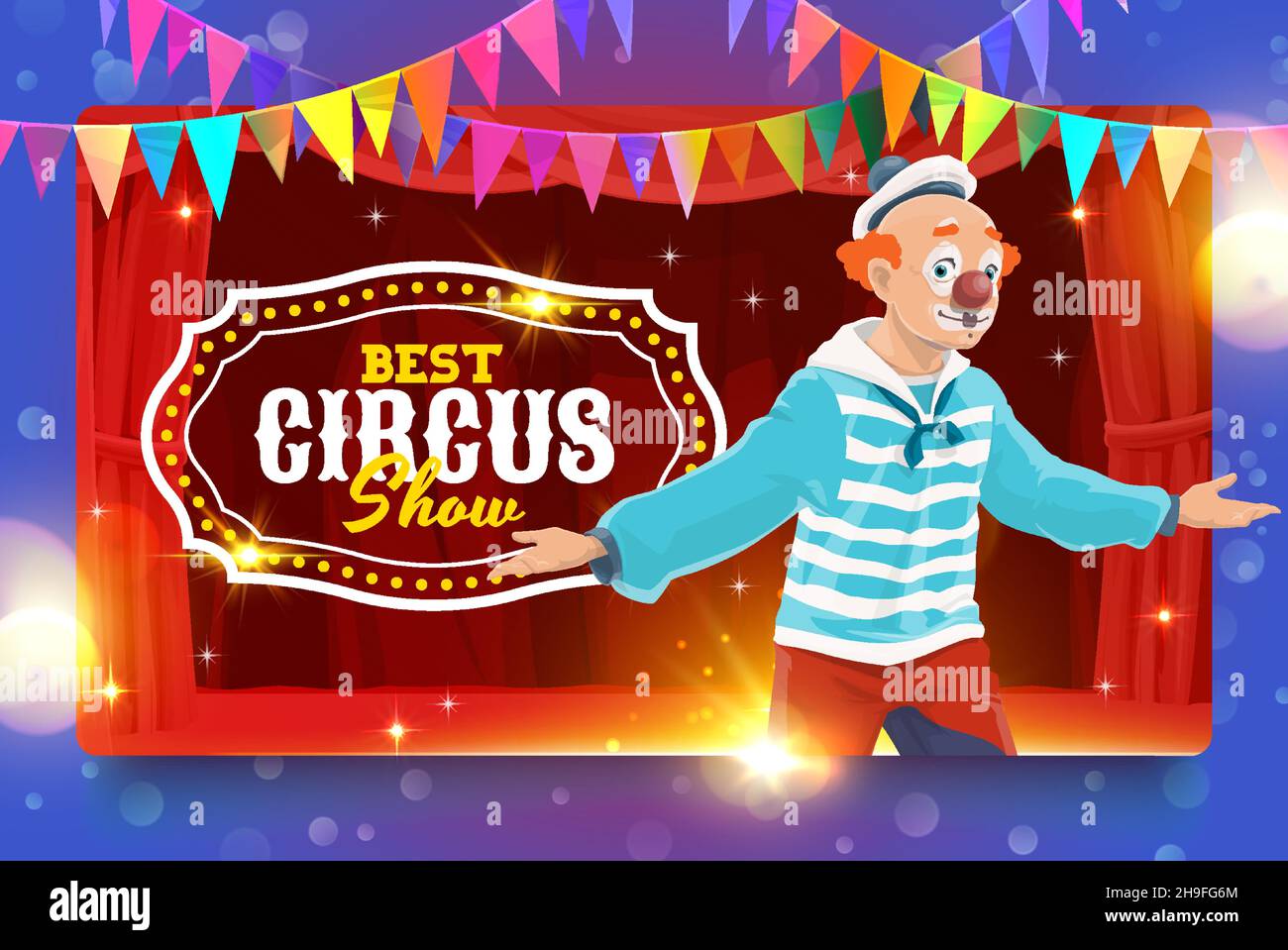Shapito circus cartoon sailor clown on circus stage, vector poster ...