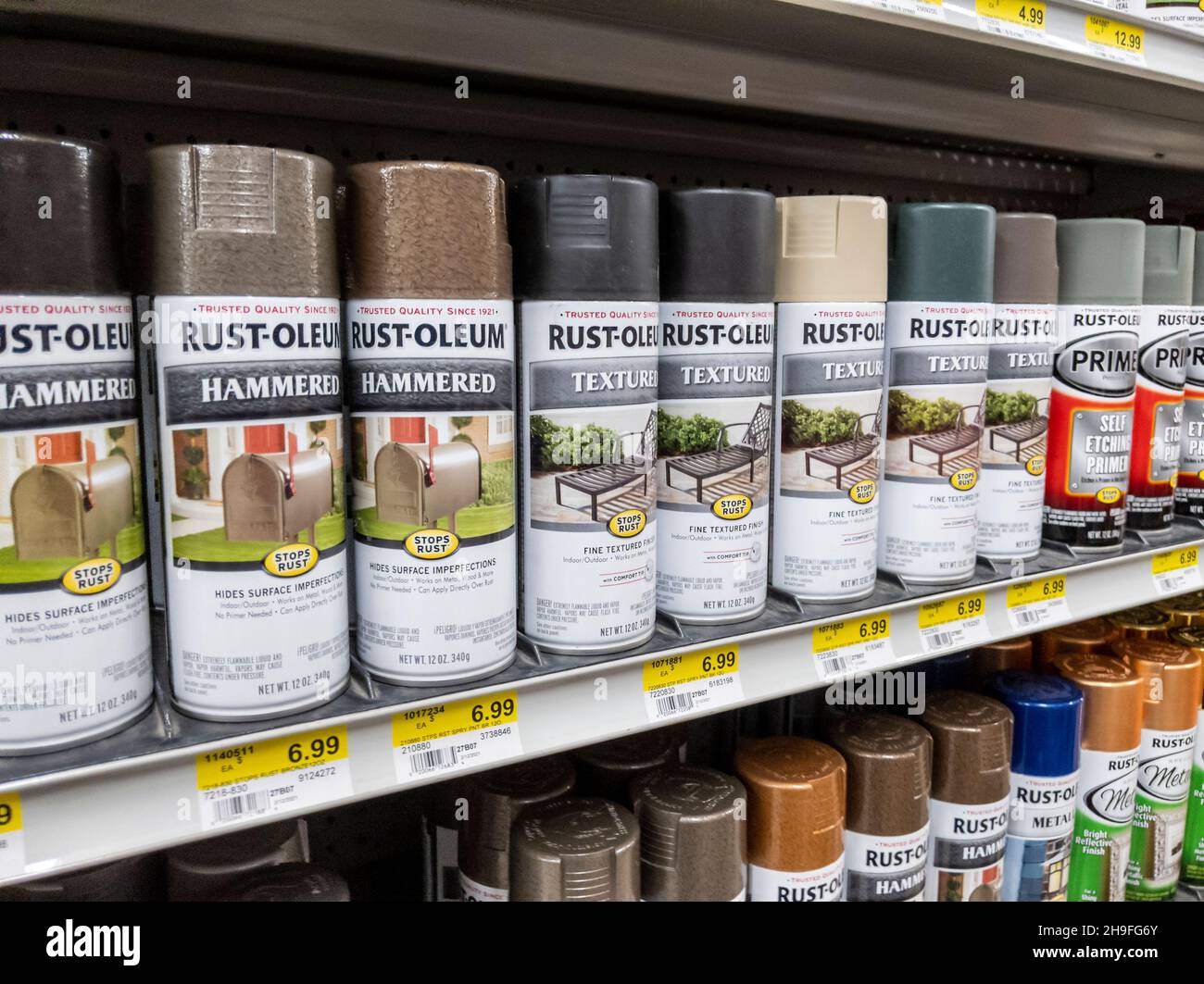 Woodinville, WA USA - circa March 2021: View of the spray paint aisle inside a McLendon hardware store. Stock Photo