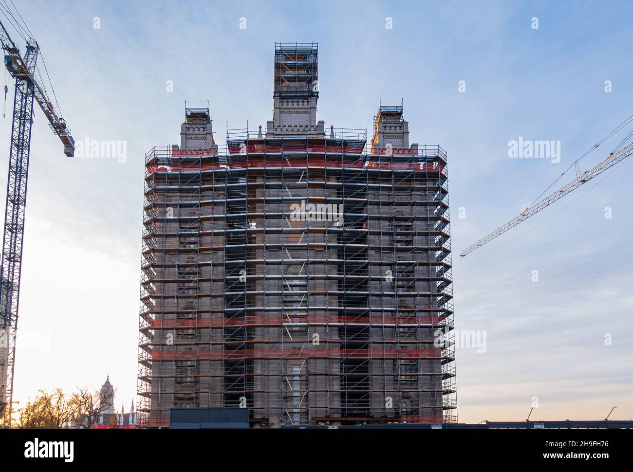 Salt Lake City, DEC 4 2021 Salt Lake Utah Temple under replacement with scaffolding Stock