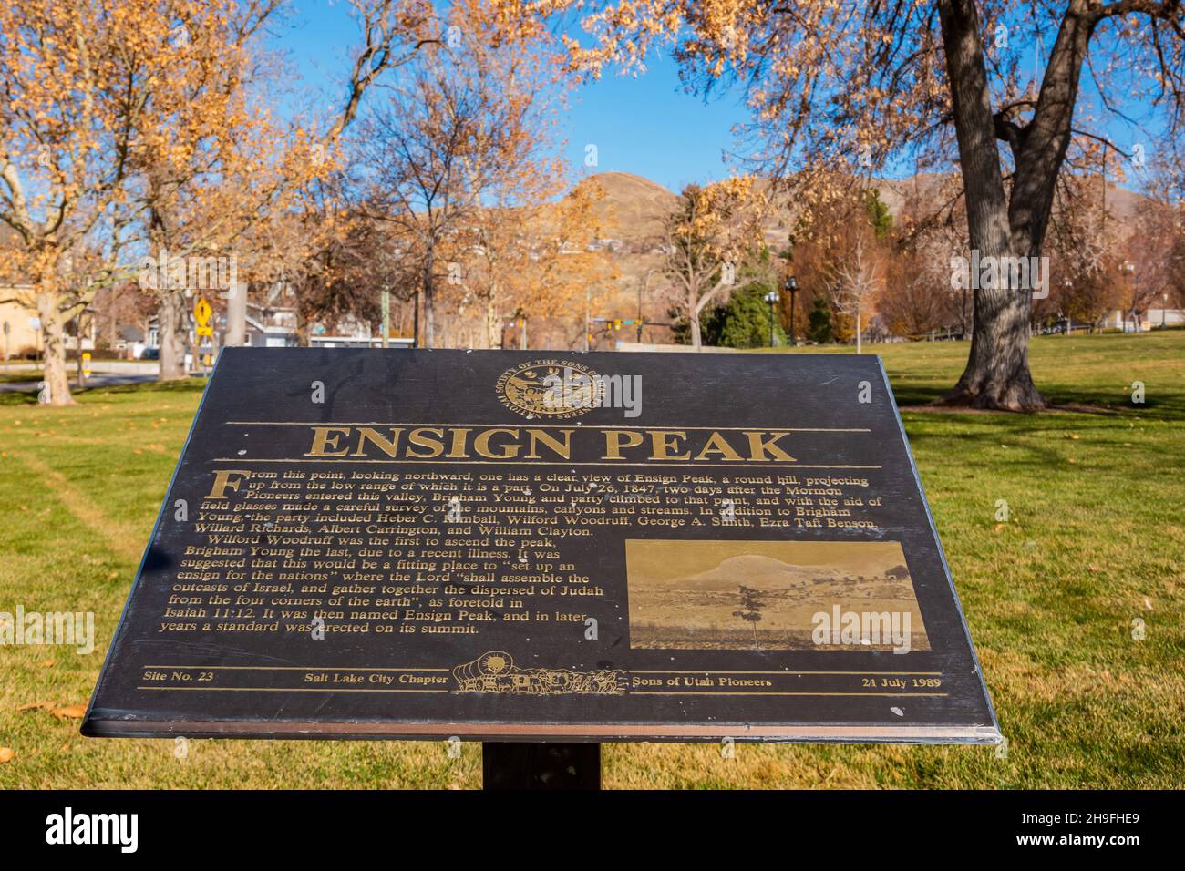 Salt Lake City, DEC 5 2021 - Sign of the Ensign Peak Stock Photo