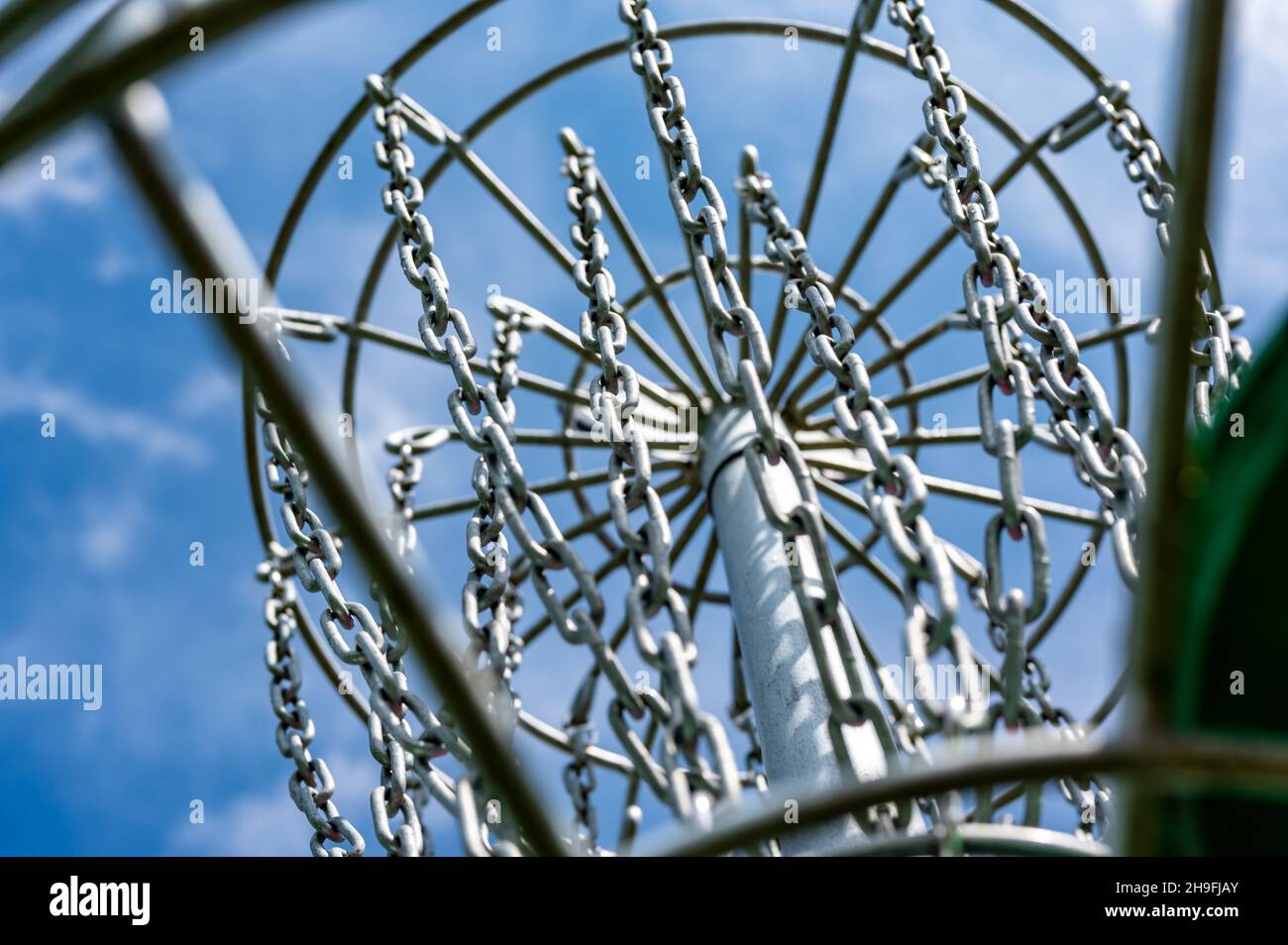 Different angles of view of a disc golf basket and chains Stock Photo