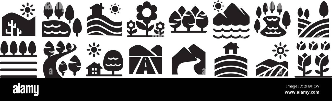 Landscape icon set glyph solid filled pack collection vector transparent background for mobile apps and web designs Stock Vector