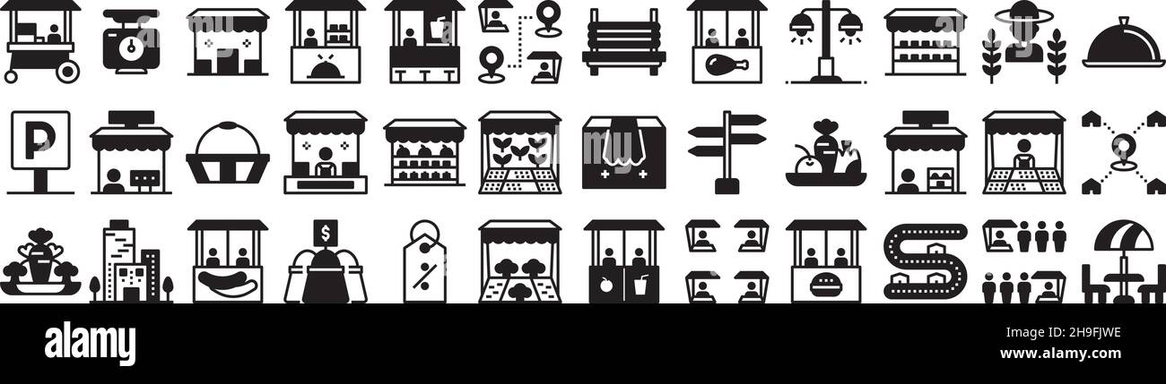 Street Market icon set solid filled glyph pack collection vector transparent background for mobile apps and web designs Stock Vector