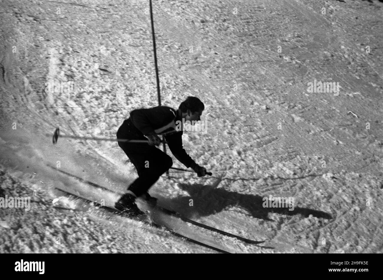 Karpacz, 1948-02-21. W dniach 19-23 lutego odbywa³y siê XXIII Mistrzostwa Narciarskie Polski. Slalom mê¿czyzn wygra³ Józef Marusarz (SNPTT Zakopane). Nz. jeden z zawodników slalomu na trasie przejazdu. pw  PAP    Karpacz, Feb. 21, 1948. The 23rd Poland's Skiing Championship was held on February 19-23. Jozef Marusarz (SNPTT Zakopane) won men's slalom. Pictured: a slalom   contender.  pw  PAP Stock Photo