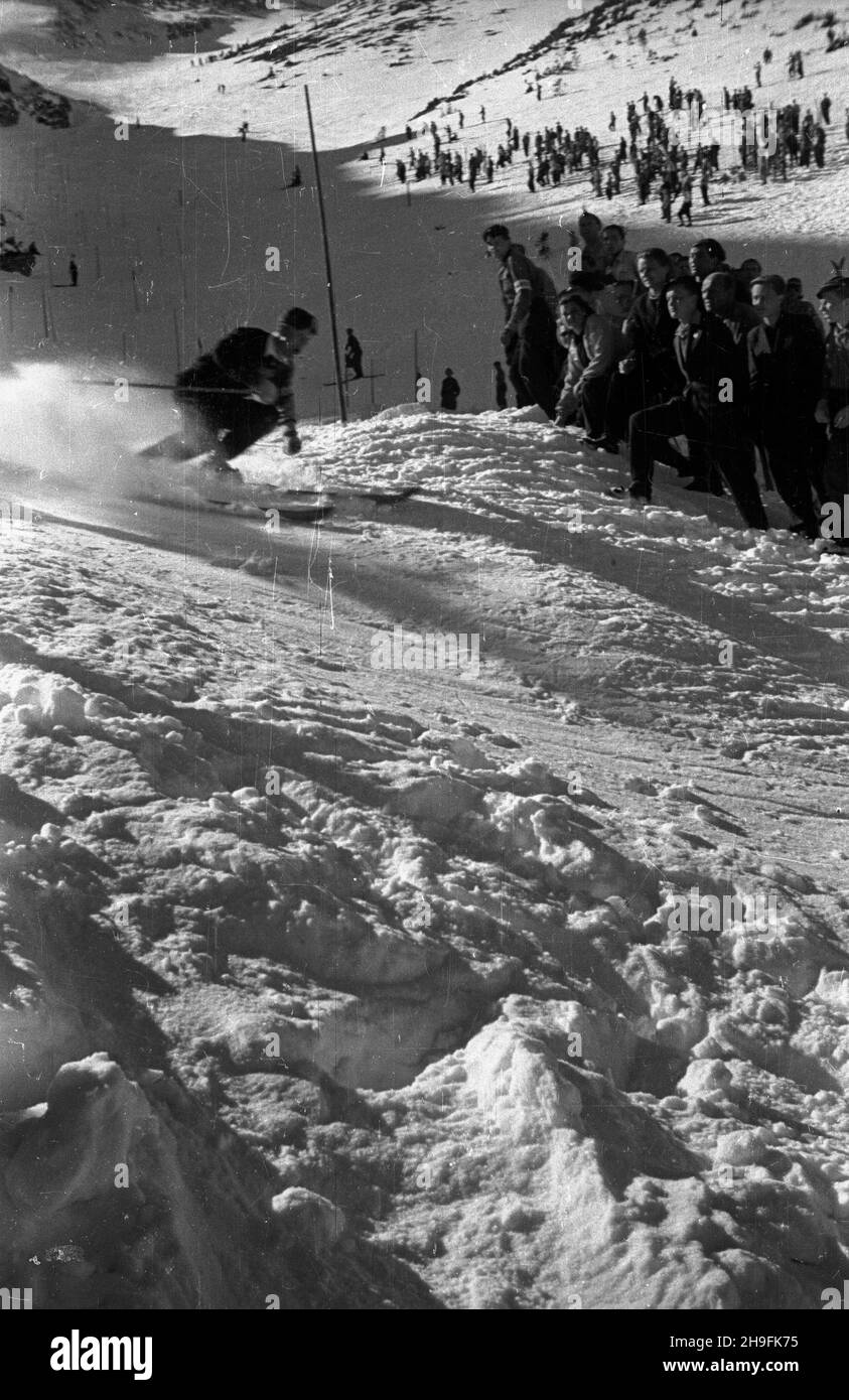 Karpacz, 1948-02-21. W dniach 19-23 lutego odbywa³y siê XXIII Mistrzostwa Narciarskie Polski. Slalom mê¿czyzn wygra³ Józef Marusarz (SNPTT Zakopane). Nz. jeden z zawodników slalomu na trasie przejazdu. pw  PAP    Karpacz, Feb. 21, 1948. The 23rd Poland's Skiing Championship was held on February 19-23. Jozef Marusarz (SNPTT Zakopane) won men's slalom. Pictured: a slalom   contender.  pw  PAP Stock Photo