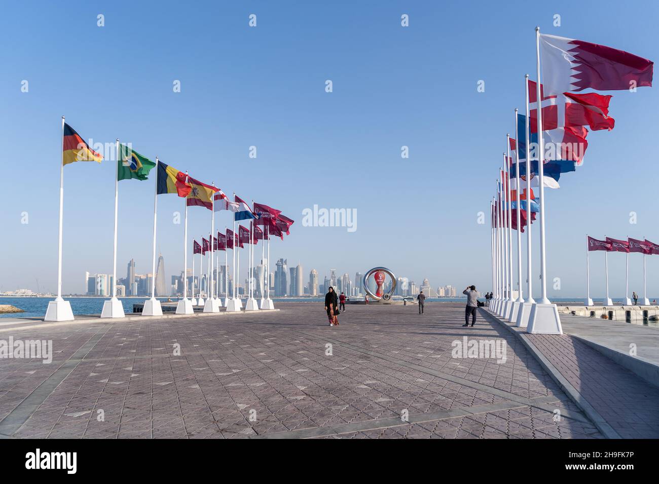 DOHA, QATAR NOV 26, 2021 Flags of nations qualified for World Cup