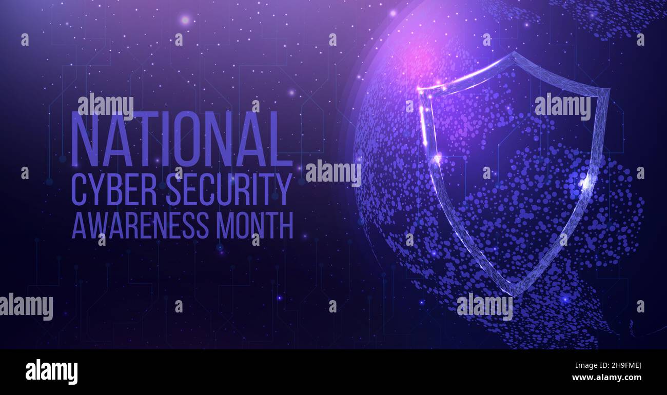 National Cyber Security Awareness Month. Wireframe polygonal shield with globe map. Cyber security, world protection concept with glowing low poly gua Stock Vector