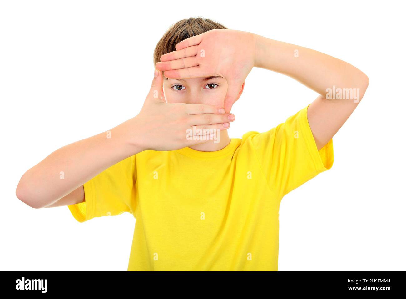 Kid show the Hands Frame on the White Background Stock Photo - Alamy