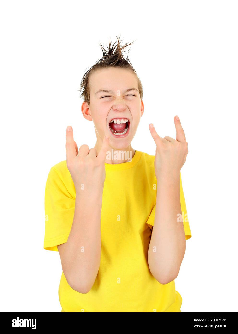 Kid with Sign of the Horns Isolated on the White Background Stock Photo