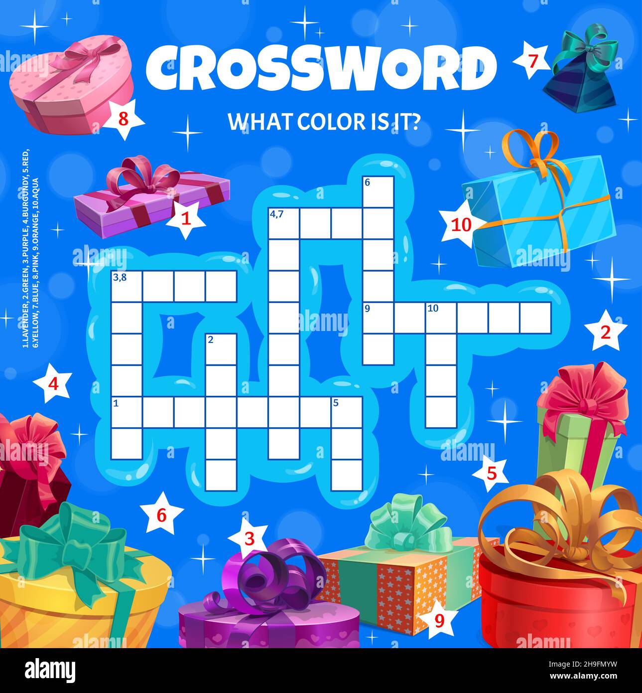 Christmas gifts and present boxes crossword puzzle worksheet, vector