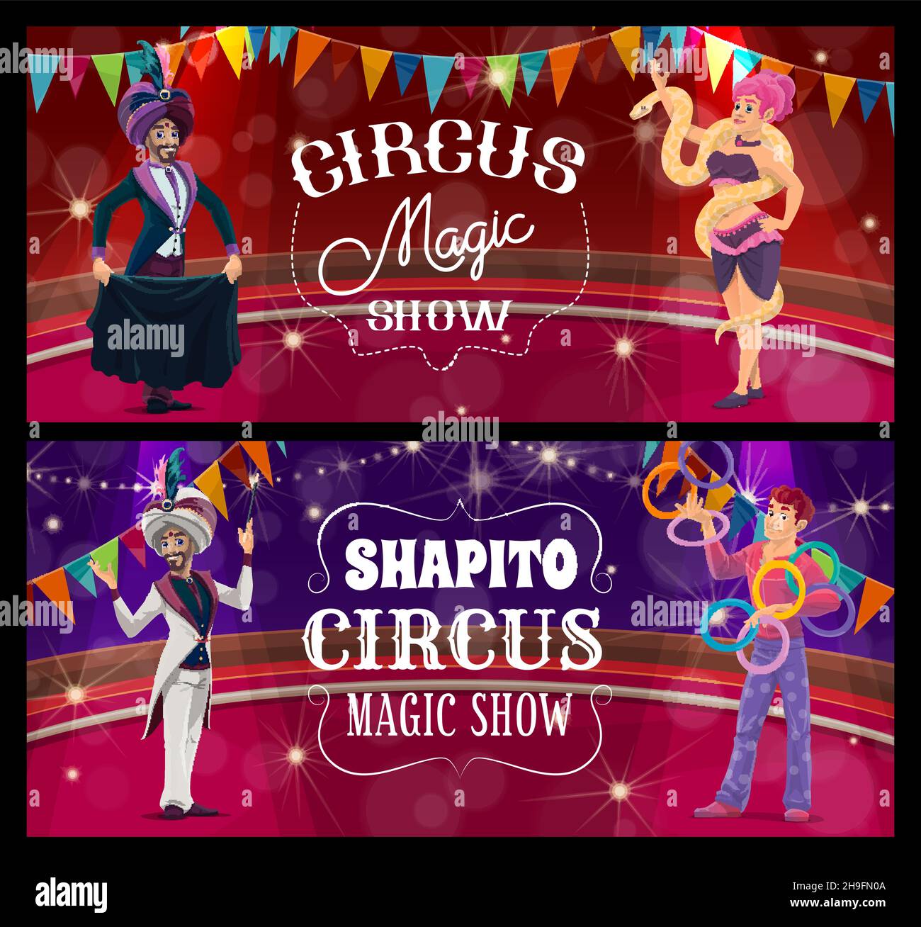 Shapito circus stage, magician, juggler and woman with snake vector ...