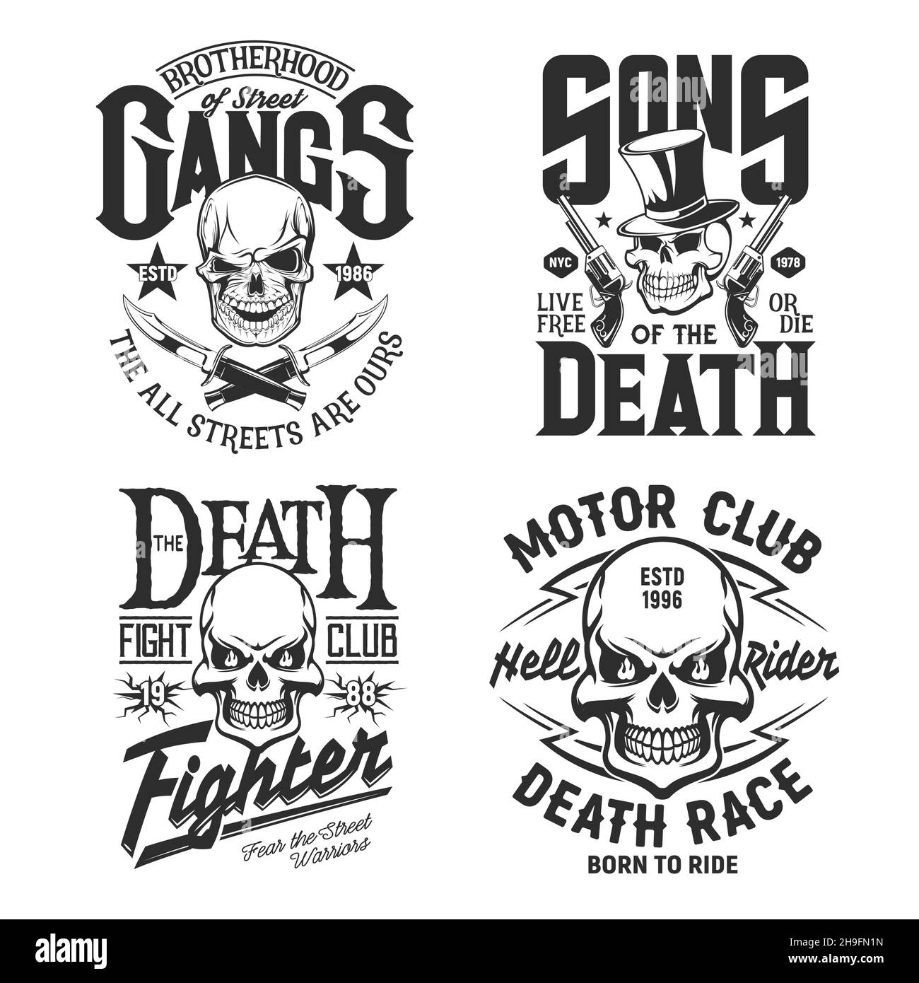 Skull, motorcycle biker custom races shirt prints, vector street fighters club emblems. Skull with fire flames, guns and knives signs for hell moto ri Stock Vector