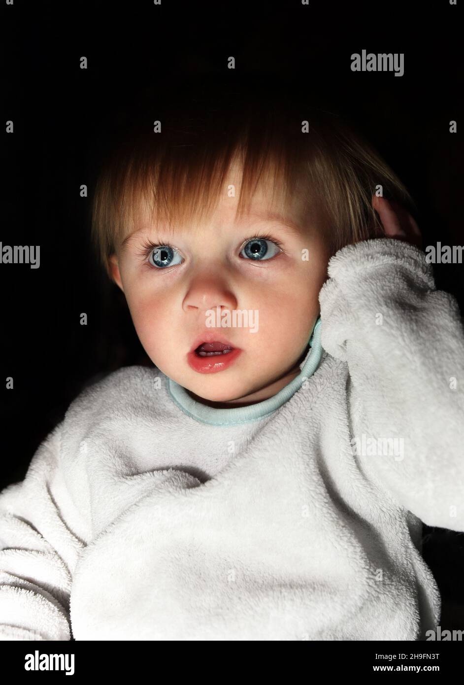 Scared Child Boy Portrait in the Dark Room Stock Photo Alamy