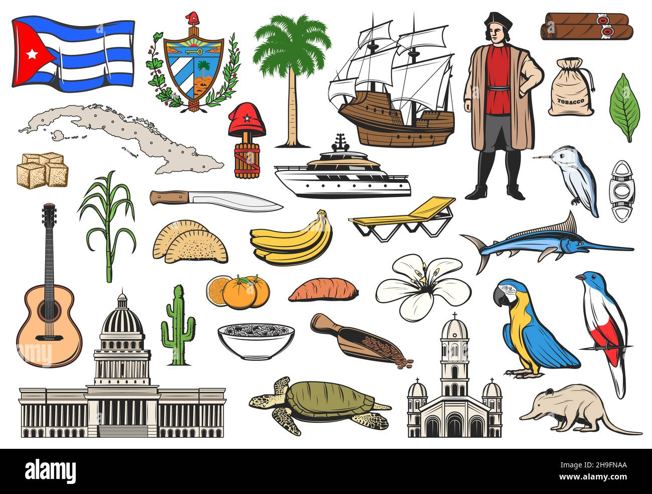 Cuba travel icons, Havana tourism landmarks and Caribbean attractions, vector. Cuba flag and map, beach resort, sightseeing and attractions symbols of Stock Vector