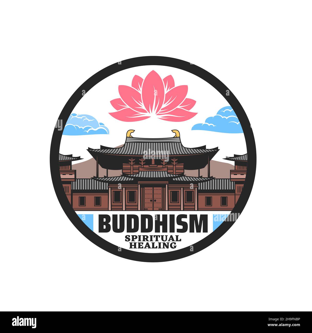 Monastery and lotus icon, Hong Kong travel. Vector round emblem for ...