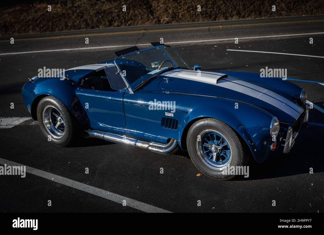 Placerville, USA - November 25, 2020: Classic rare American muscle car, convertible vintage blue 1967 Ford Shelby Cobra 427 Stock Photo
