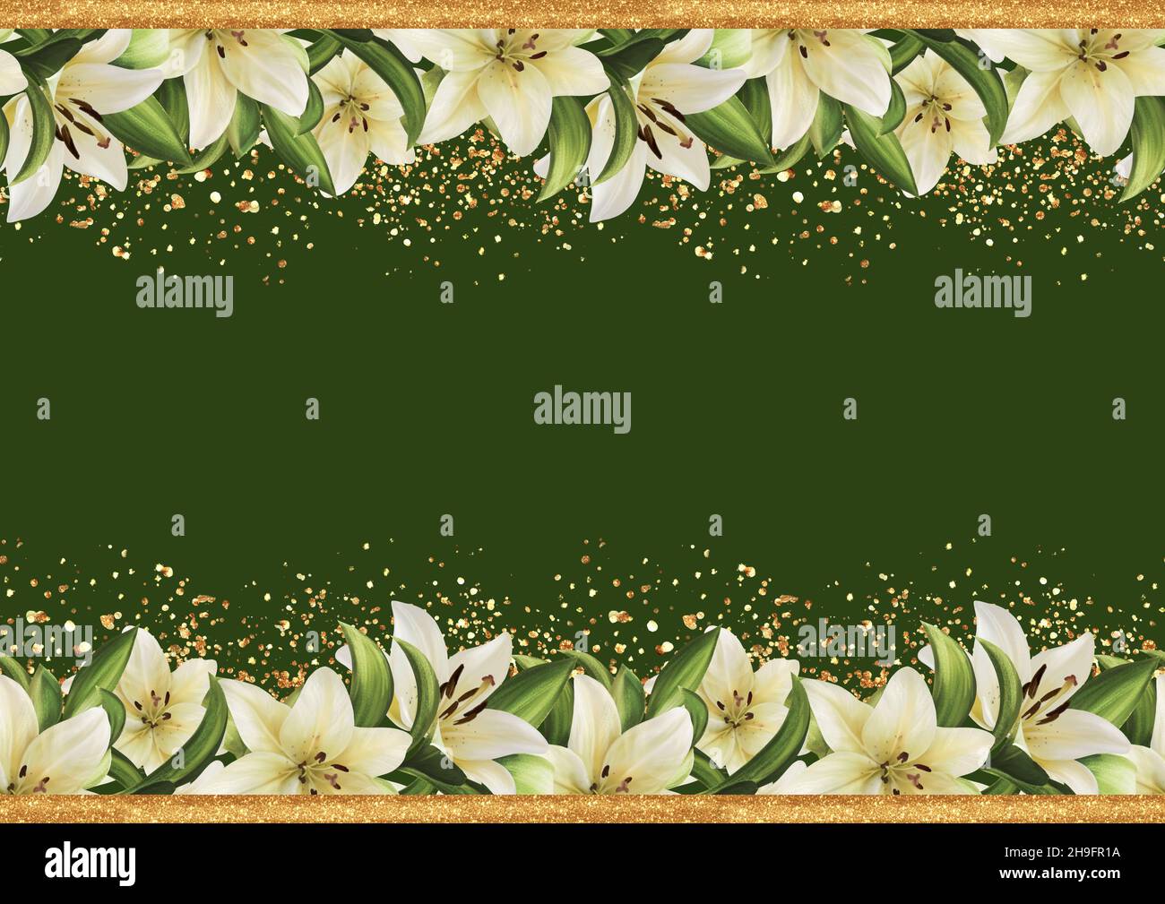 Decorative green foral border. Lily flowers seamless pattern. Stock Photo