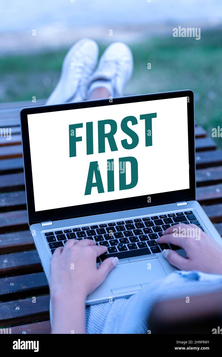 First Aid Writing Image Hand writing sign First Aid. Business overview Practise of healing ...