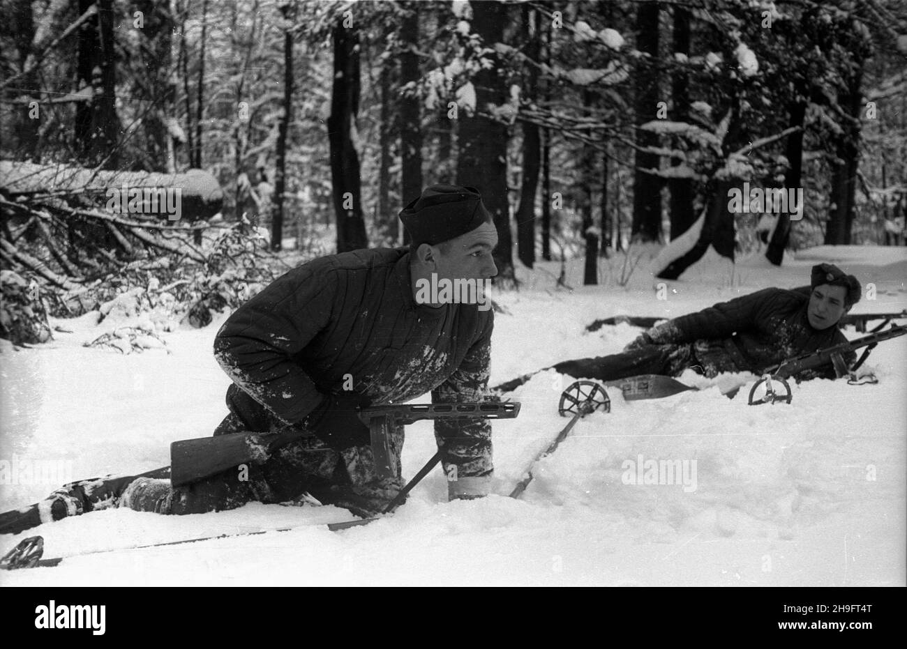 Wa³brzych-Rysinów, 1948-03. Patrol ORMO (Oddzia³y Rezerwy Milicji Obywatelskiej) na æwiczeniach w terenie. Dok³adny dzieñ wydarzenia nieustalony.  bk  PAP      Walbrzych-Rysinow, March 1948. An ORMO (Citizens' Militia Reserve Units) patrol during exercises.  bk  PAP Stock Photo