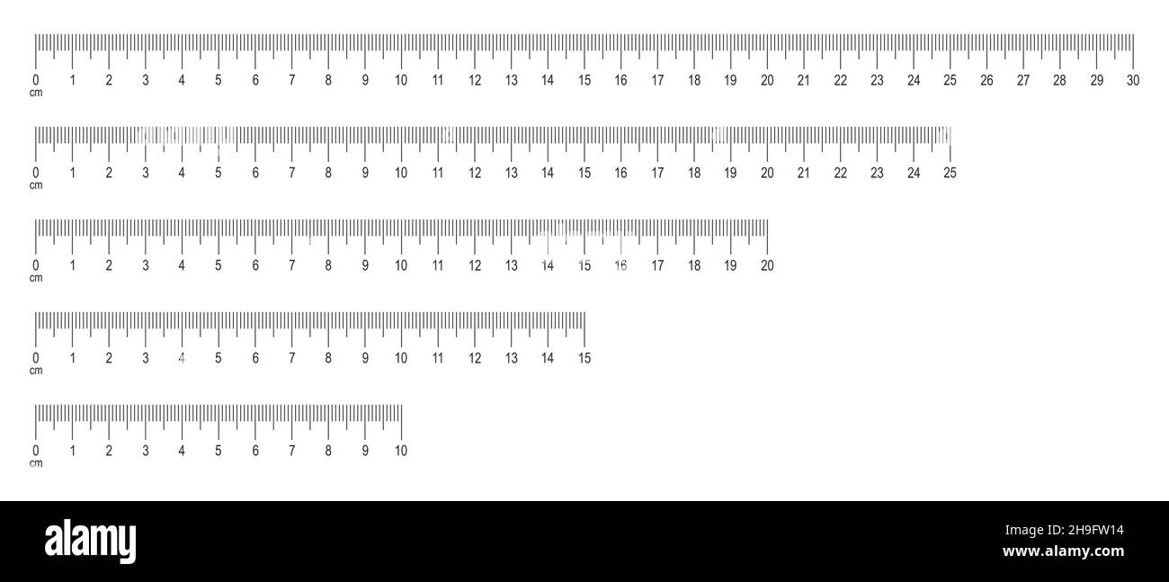 Scale of ruler with numbers set. Horizontal measuring chart with 30, 25, 20, 25, 10 centimeters markup. Distance, height or length measurement math or sewing tool. Vector graphic illustration. Stock Vector