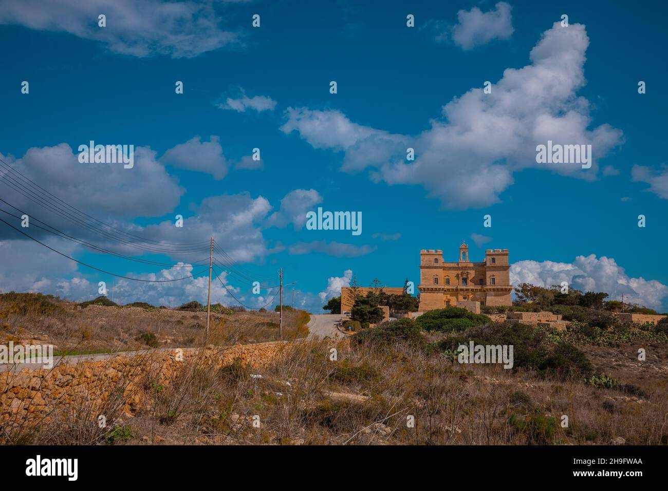 Selmun View of Selmun palace in malta from Afar. Frontal view of a palace seen ...