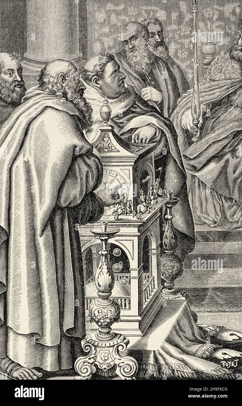 Hour by the clepsydra. Charlemagne receiving the gift of a clepsydra (water clock) from Harun al Rashid, Ba caliph. Old 19th century engraved illustration from La Nature 1897 Stock Photo