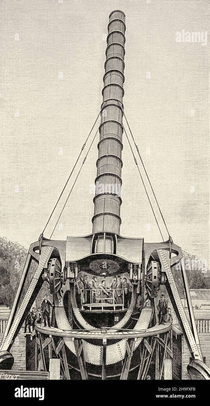The large equatorial coudé telescope by Maurice Loewy at The Great Berlin Industrial Exhibition (Berliner Gewerbe Ausstellung) held in Berlin's Treptow Park in 1896. Germany, Europe. Old 19th century engraved illustration from La Nature 1897 Stock Photo