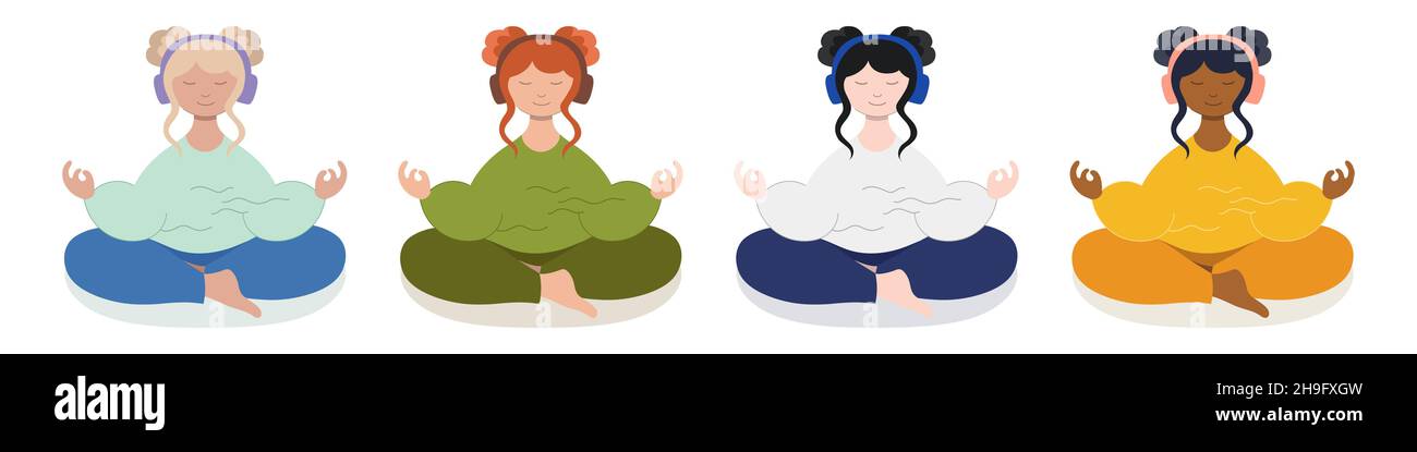 Lotus meditation with headphones - set of girls, isolated vector. Meditating women characters sit on floor with closed eyes Stock Vector