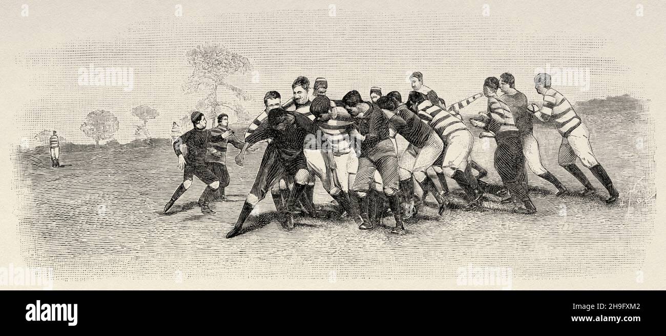 A scrum in football. Old 19th century engraved illustration from La Nature 1897 Stock Photo