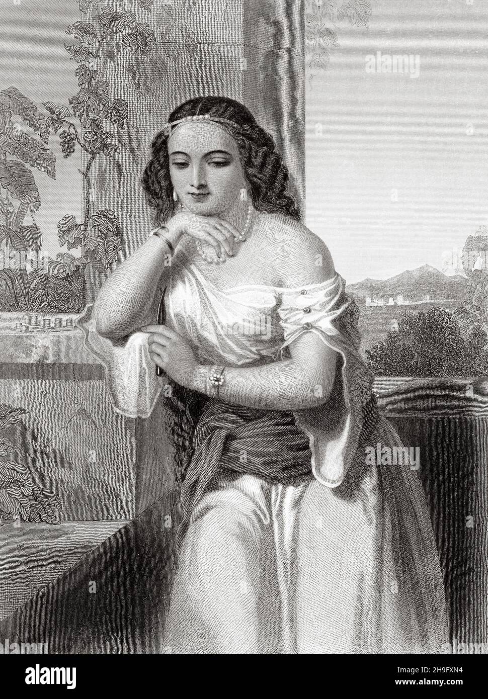 Delilah, Philistine of the Valley of Sorec, Samson's mistress, judge of Israel. She bribed by the Philistines, she sold Samson, cut off her hair while she slept and they were able to capture him. Old 19th century engraved illustration from Mugeres de la Biblia by Joaquin Roca y Cornet 1862 Stock Photo