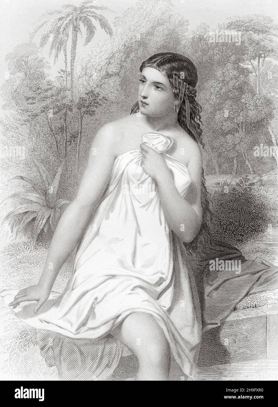 Susana was a woman who appears in the Book of Daniel, daughter of Hilkiah and wife of Joaquin, a wealthy and influential Jew in the Babylonian Exile. Two elderly judges are passionate about Susana and agree to surprise her alone and abuse her. Old 19th century engraved illustration from Mugeres de la Biblia by Joaquin Roca y Cornet 1862 Stock Photo