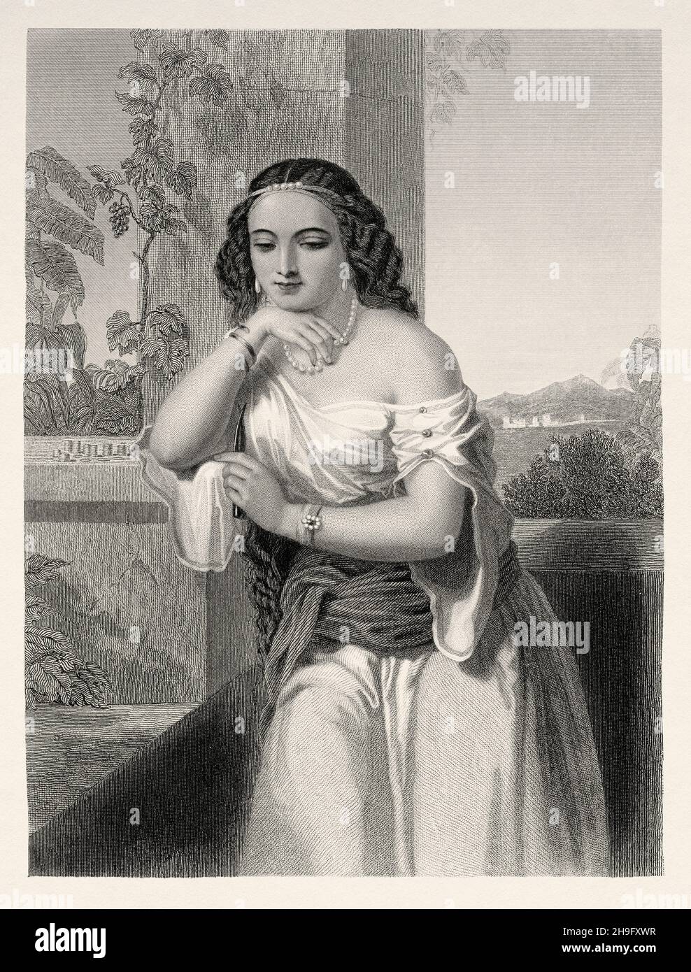 Delilah, Philistine of the Valley of Sorec, Samson's mistress, judge of Israel. She bribed by the Philistines, she sold Samson, cut off her hair while she slept and they were able to capture him. Old 19th century engraved illustration from Mugeres de la Biblia by Joaquin Roca y Cornet 1862 Stock Photo