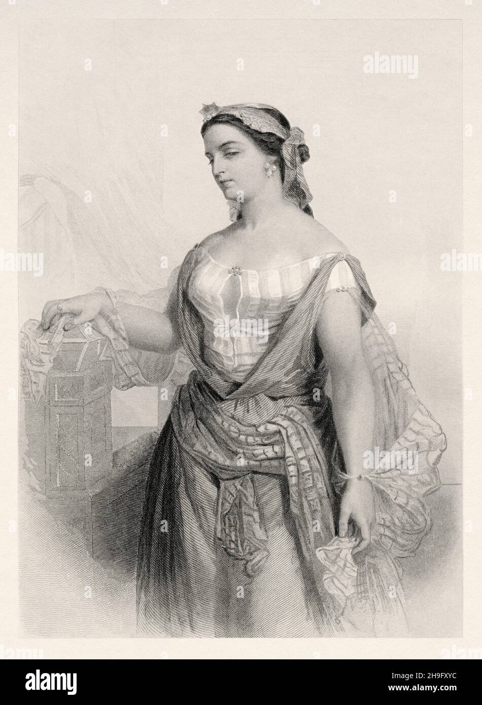 Esther (born Hadassah) was a woman in the Hebrew Bible, the queen of Ahasuerus and the heroine of the Biblical Book of Esther. Old 19th century engraved illustration from Mugeres de la Biblia by Joaquin Roca y Cornet 1862 Stock Photo