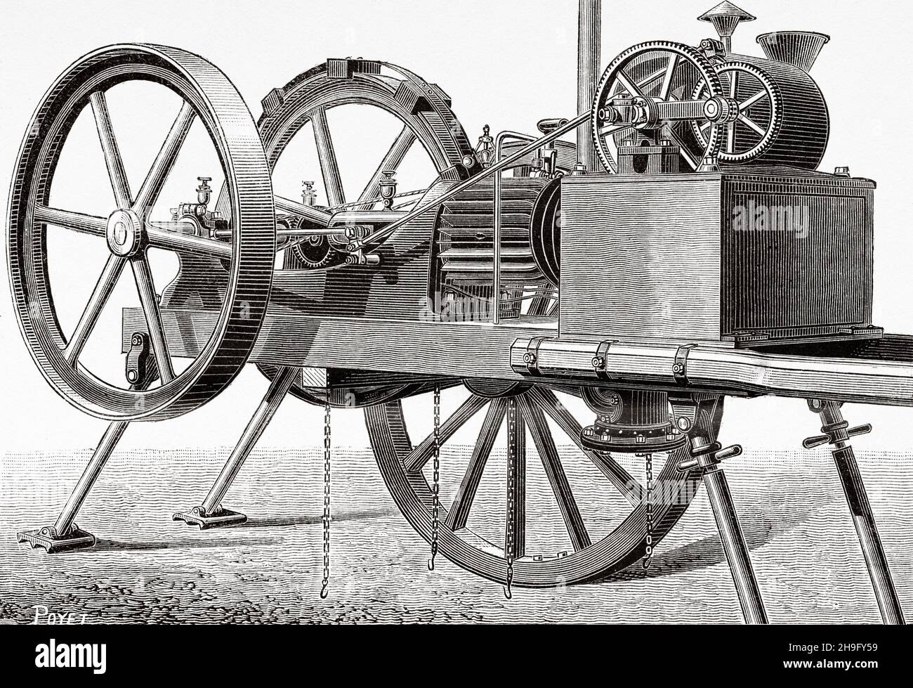 New agricultural engine from Étienne Lenoir (1822-1900) Belgian inventor who devised the first commercially successful internal-combustion engine. Old 19th century engraved illustration from La Nature 1885 Stock Photo