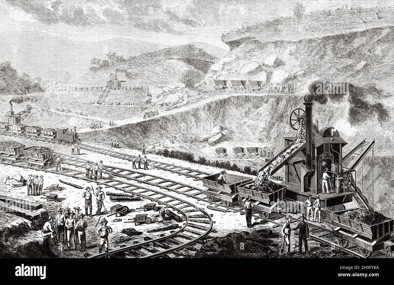 The construction of the Panama Canal. Old 19th century engraved ...