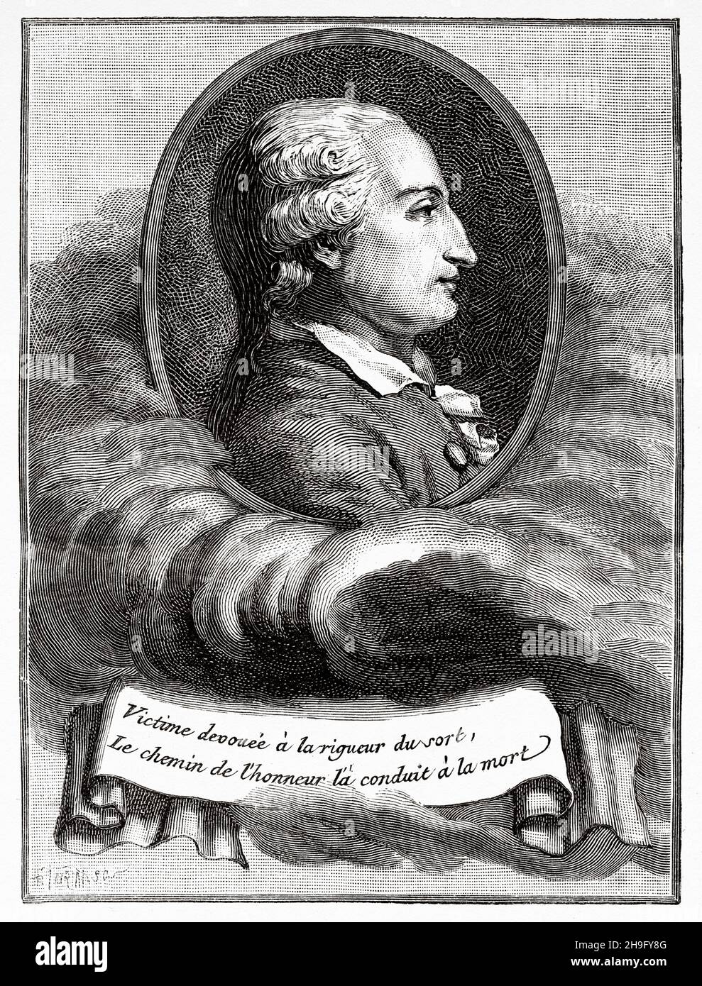 Jean-Francois Pilatre de Rozier (1754-1785) was a French chemistry and physics teacher, and one of the first pioneers of aviation. He and François Laurent d'Arlandes made the first manned free balloon flight on 21 November 1783, in a Montgolfier balloon, France. Old 19th century engraved illustration from La Nature 1885 Stock Photo
