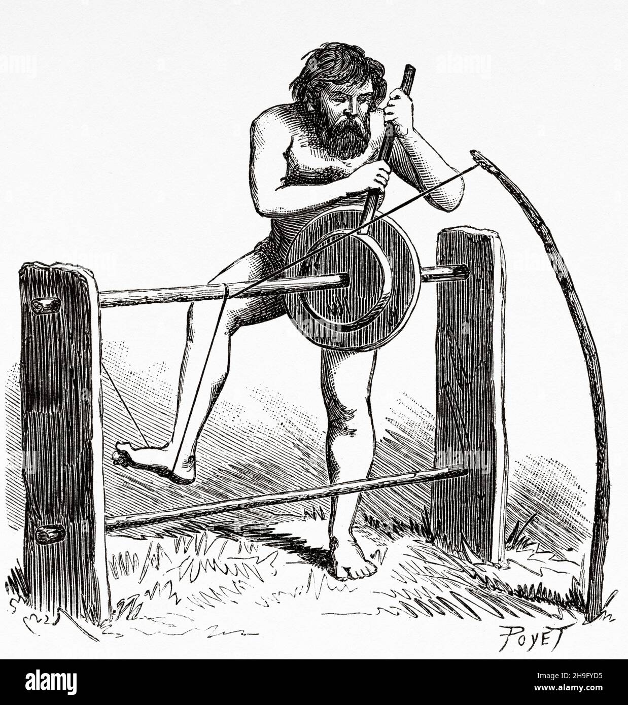 Primitive Turning Machine The primitive lathe. Old 19th century engraved illustration from La ...