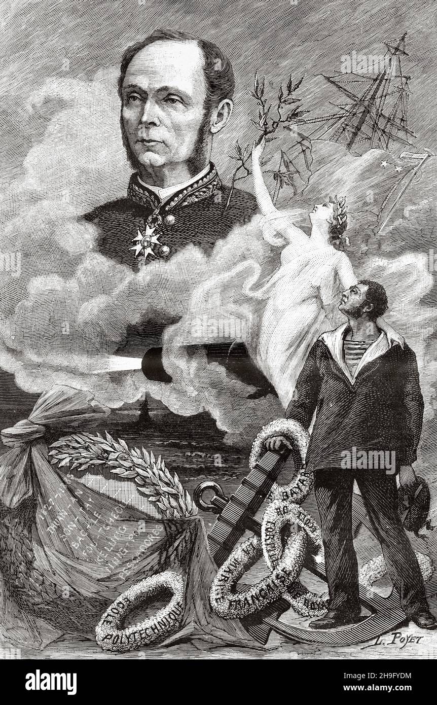 To the glory of Admiral Anatole-Amédée-Prosper Courbet (1827-1885) was a French admiral who won a series of important land and naval victories during the Tonkin Campaign and the Sino-French War. Old 19th century engraved illustration from La Nature 1885 Stock Photo