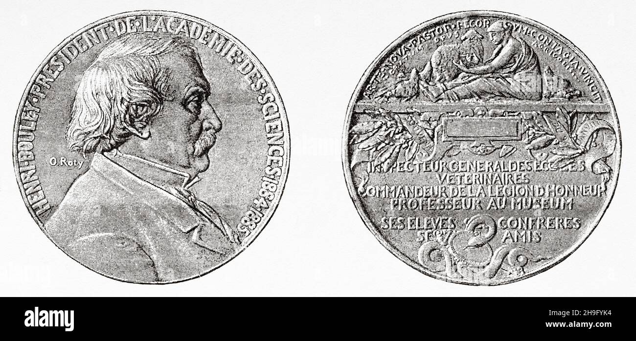Henri Marie Bouley (1814-1885) was a pioneering French veterinarian and pathologist. The medal offered to Bouley, president of the academy of sciences by his students, his colleagues and his friends, France. Old 19th century engraved illustration from La Nature 1885 Stock Photo