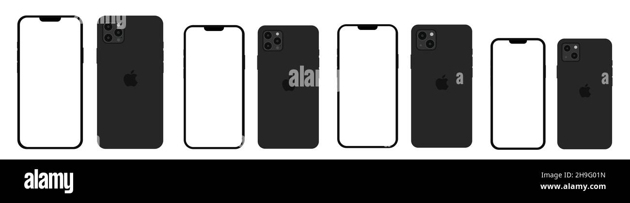 Realistic mockup black iphone 13 set all colours and models, mockup smartphone with white screen Stock Photo