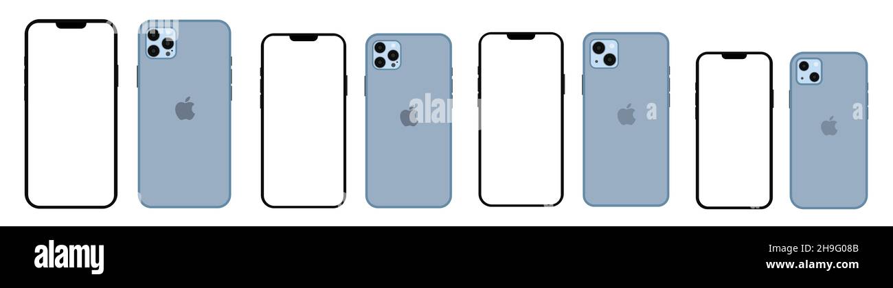 Realistic mockup blue iphone 13 set all colours and models, mockup smartphone with white screen Stock Photo