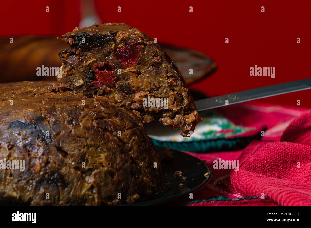 English style Christmas pudding. Home cooked Christmas cake Stock Photo