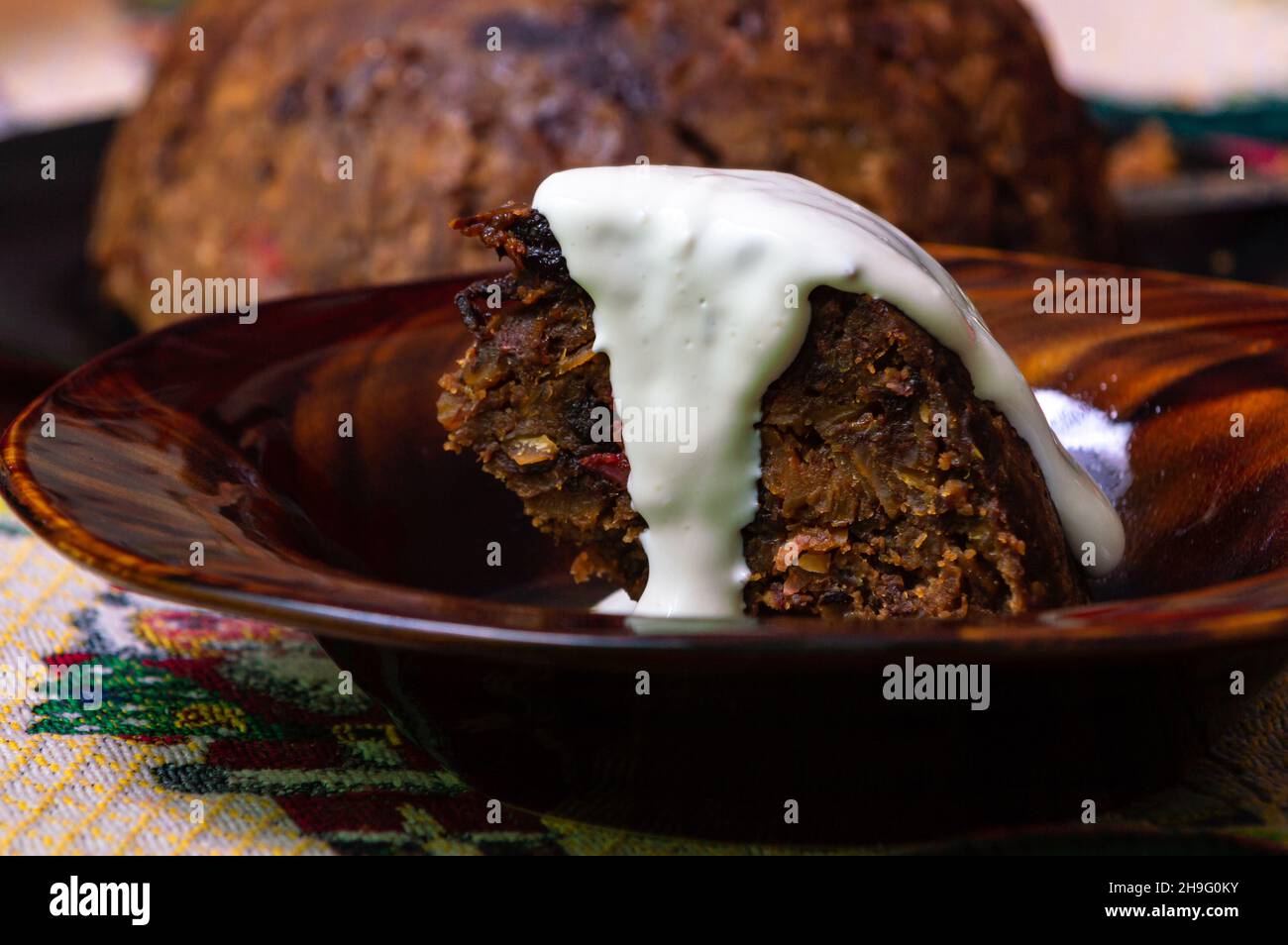 English style Christmas pudding. Home cooked Christmas cake Stock Photo