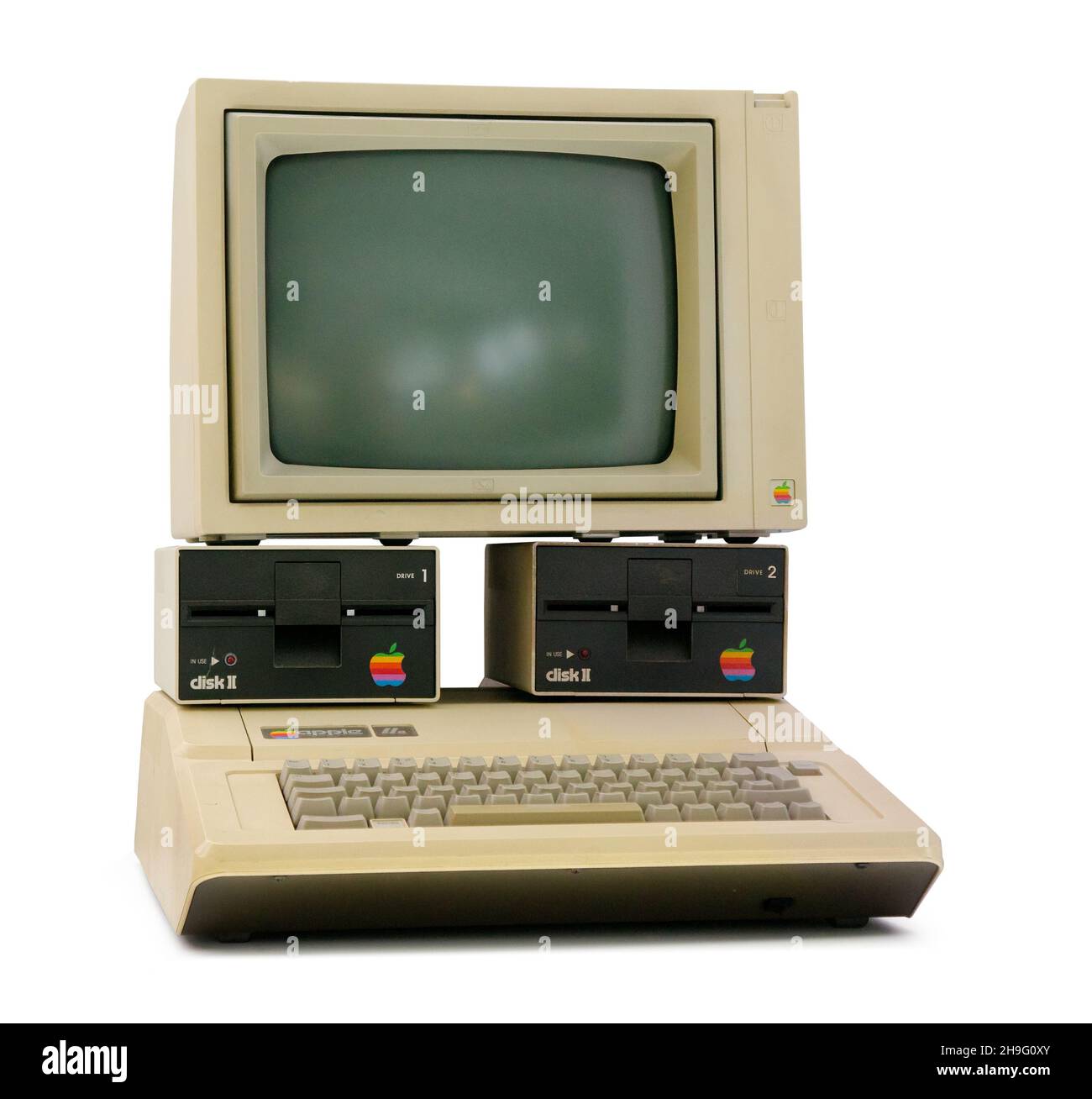 Munich, Germany, March 10, 2016: Apple II computer with foam-molded plastic case in BMW Welt museum. It was the first consumer product sold by Apple Stock Photo