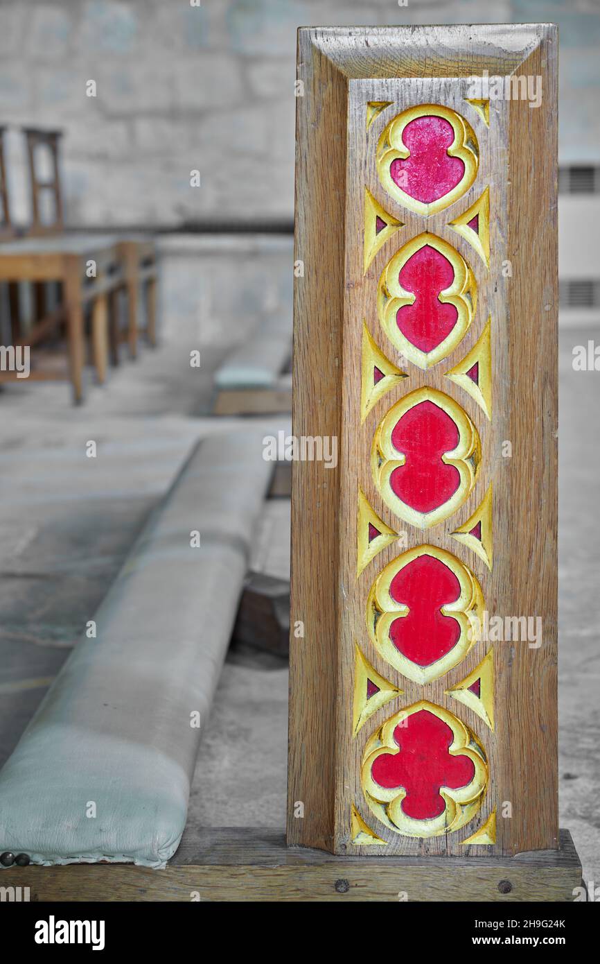 A painted kneeler in a side chapel chapel at Lincoln cathedral, England. Stock Photo